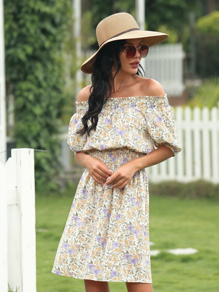 2025 Spring and Summer New Women's Random Printed Pullover Dress One Collar Midi Dress Beach Seaside Holiday - Clikcy