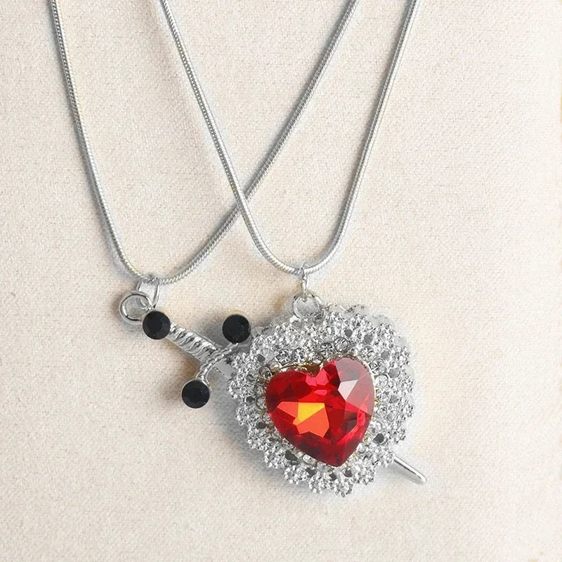 LATS 2pcs Can Be Assembled Heart and Sword Zircon Pendant Necklace for Women Men Couple Silver Gold Plated Choker Chain Jewelry - Clikcy