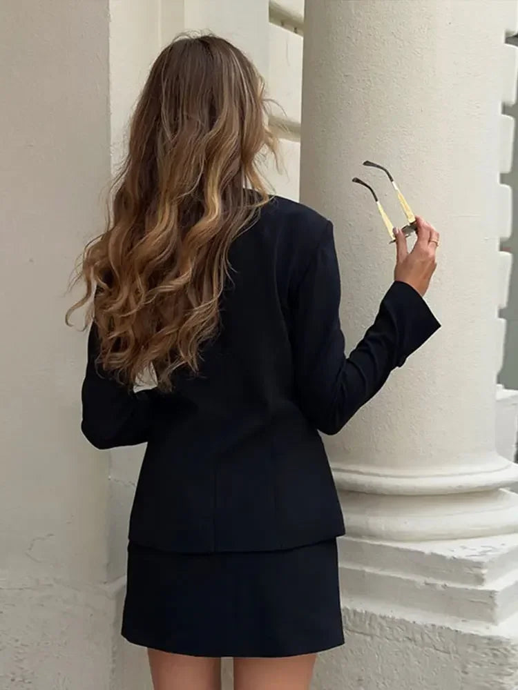 Casual Single Breasted Loose O-neck Blazer Coat Elegant Solid Skirt Set for Women High Waist Skirts Female 2025 Spring Outfit - Clikcy