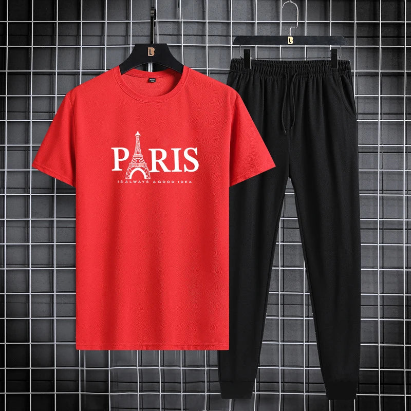 Summer new men's round neck quick drying casual sports fitness breathable short sleeved+shorts set two-piece set - Clikcy