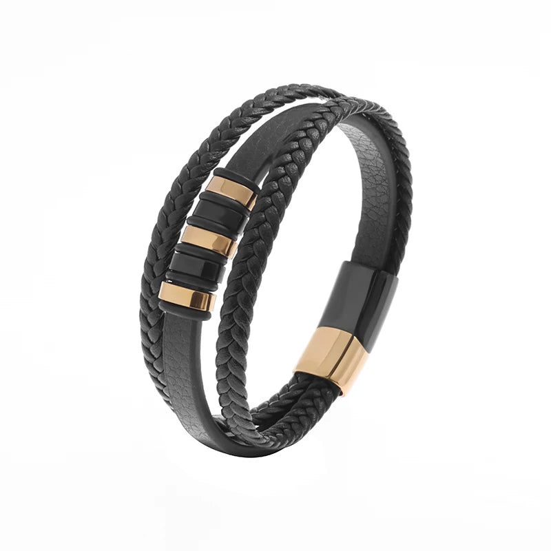 Classic Black Multilayer Leather Bracelet Men Casual Punk Party Jewelry Male Hand Band Gift - Clikcy