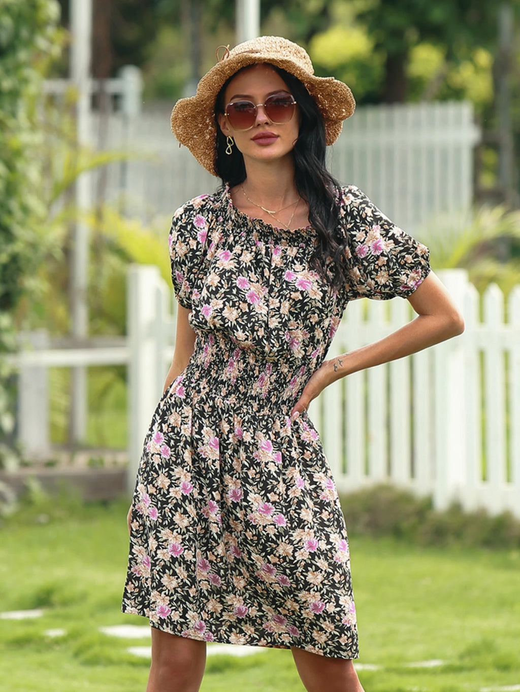 2025 Spring and Summer New Women's Random Printed Pullover Dress One Collar Midi Dress Beach Seaside Holiday - Clikcy