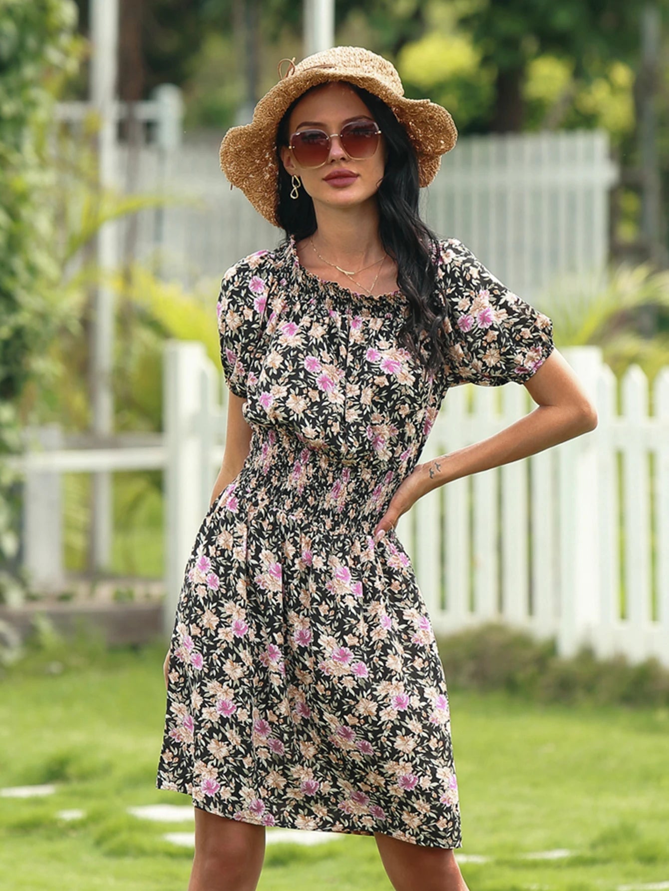 2025 Spring and Summer New Women's Random Printed Pullover Dress One Collar Midi Dress Beach Seaside Holiday - Clikcy