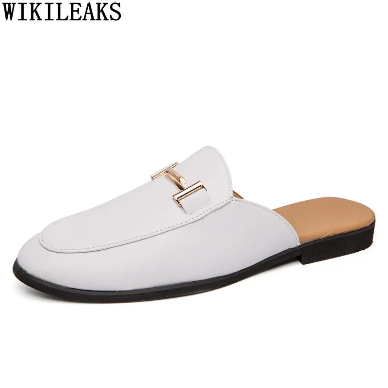 White Slip on Shoes Men Mules Leather Shoes Man Classic Black Half Shoes for Men 2025 Mules Homme Chaussure Homme Mule Masculino