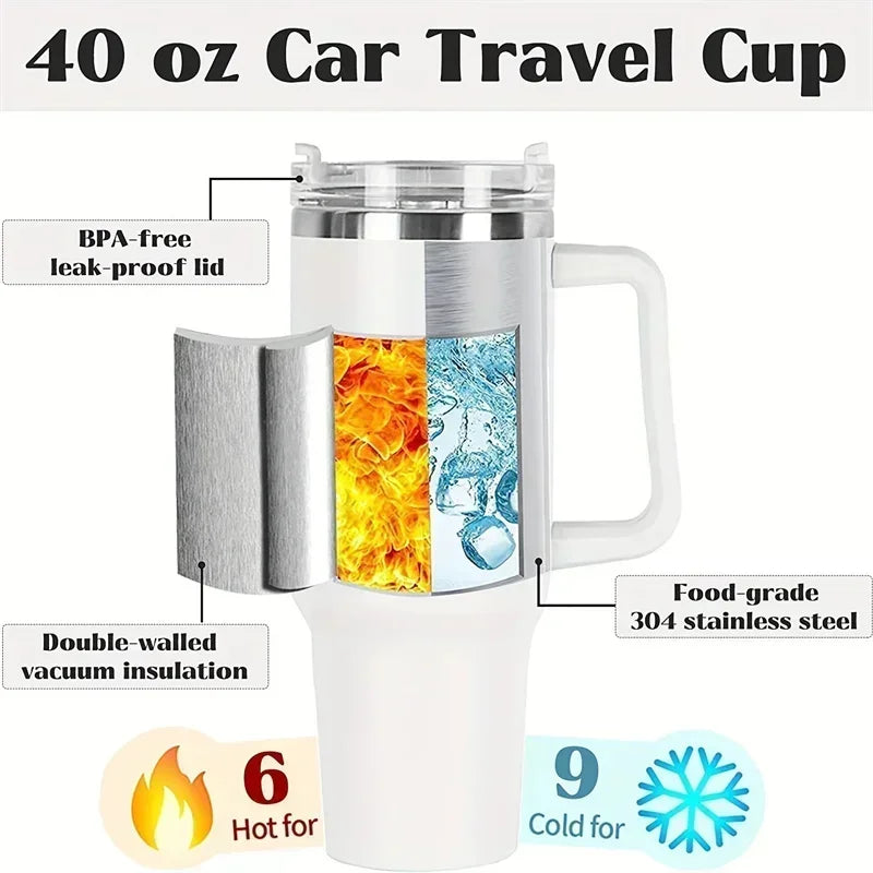 40oz 304 Stainless Steel Insulated Water Bottle,Thermal Coffee Car Cup, Cold Hot Mugs Vacuum Flask With Handle Straw,For Sport - Clikcy
