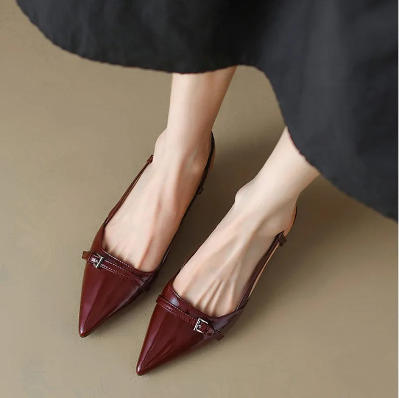 2024 New Summer Women's Dress Shoes Patent Leather Slip on Pointed Toe Sandals Buckle Slingbacks Mid Heels Pumps Sandalias Mujer - Clikcy
