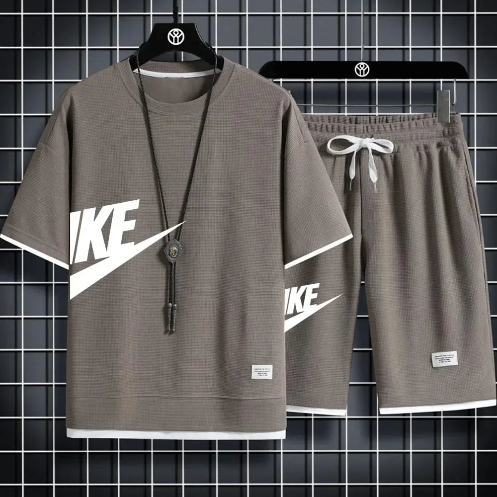 2024 Men's casual two-piece tracksuit Short sleeve and pants Summer Sports Fitness Jogging men's waffle suit fake two pieces - Clikcy