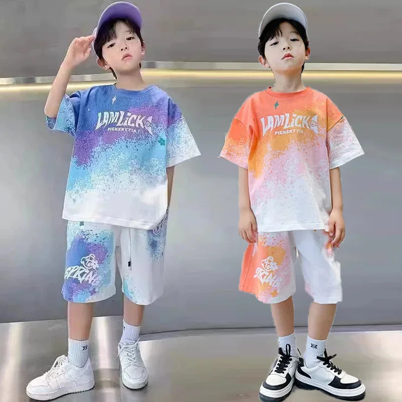 Boys Clothes Sets Teenager Summer Short-sleeved Suit New children's Gradient T-shirt+shorts 2Pcs Outfits Kids Casual Sports Set - Clikcy