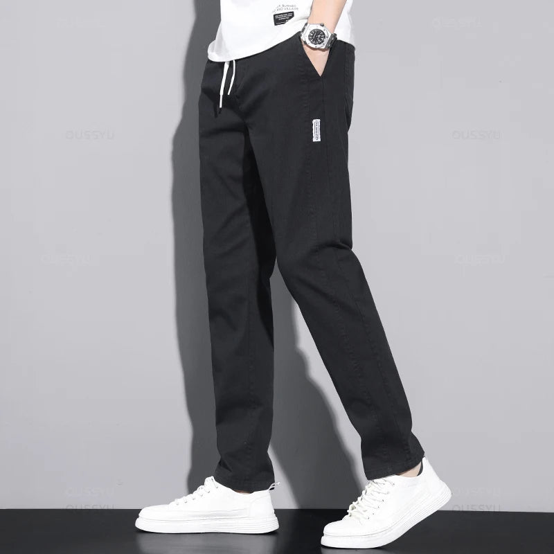 New Spring Summer Cotton Men's Casual Pants Classic Drawstring Elastic Waist Thin Stretch Blue Jogging Work Cargo Trousers Male - Clikcy
