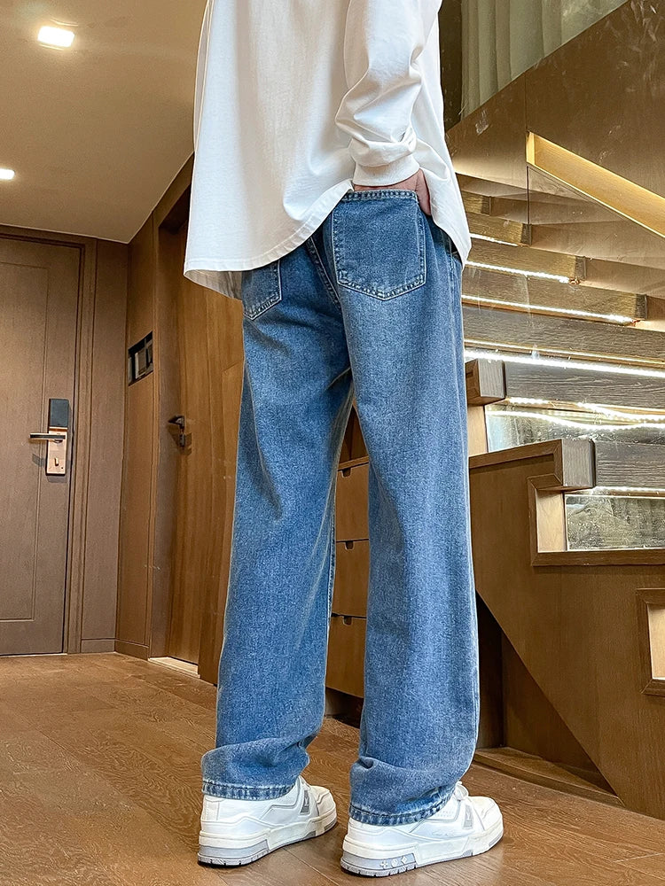 Men's Spring Summer Semi-Wide Leg Jeans Korean Fashion Washed Cotton Casual Denim Pants Black Blue Straight Trousers - Clikcy