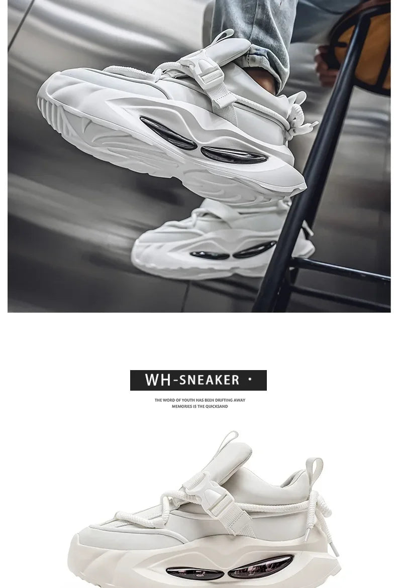 Waterproof Thick Bottom Dad Shoes Outdoor Sports Black Leather Surface Pure Color Spring Autumn Seasonal Style Casual Sneakers