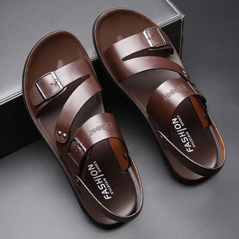 Simple Men's Sandals Solid Color PU Leather Men's Summer Shoes Casual Comfortable Open Toe Sandals Soft Beach Shoes Men's Sandal - Clikcy