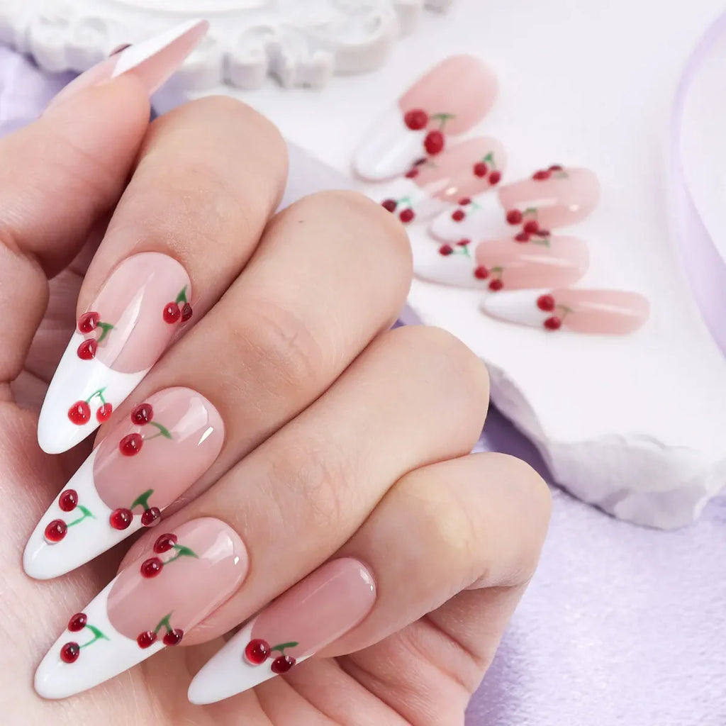 10pcs Y2K Removable Handmade Press on Nails Hand Painted Cherry Pattern Design Fake Nails Cute White Sweet Almond Patch Nail - Clikcy