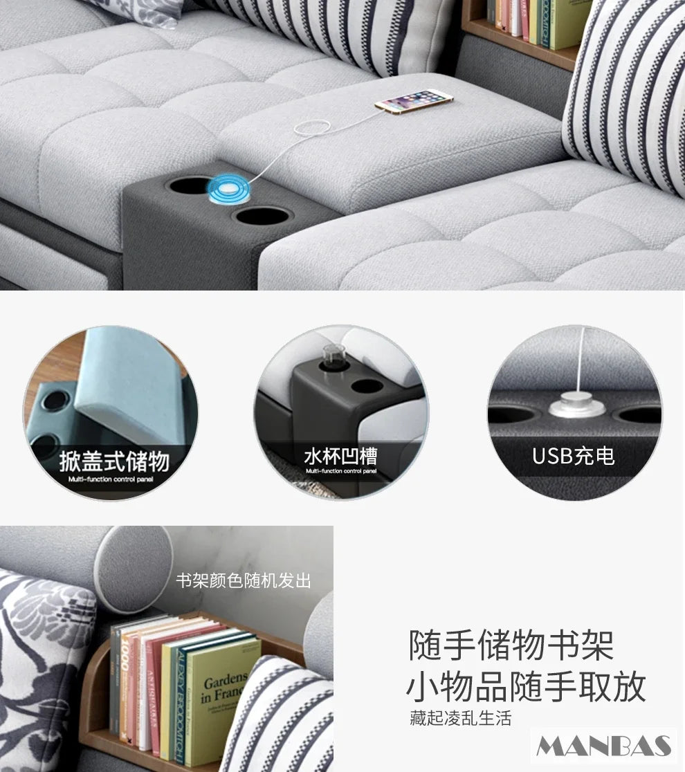 Linlamim Fabric Sofa Set Furniture Living Room Sofa Set with USB and Stools / Big U Shape Cloth Couch Sofas for Home Furniture - Clikcy