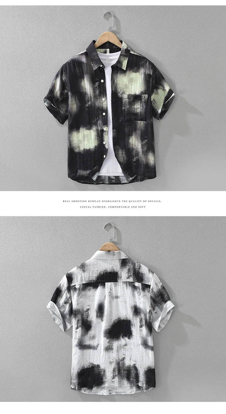 2025 Spring Summer New Vintage Tie-dye Printed Short Sleeve Shirts for Men Clothing Turn-down Collar Male Shirts CM8136 - Clikcy