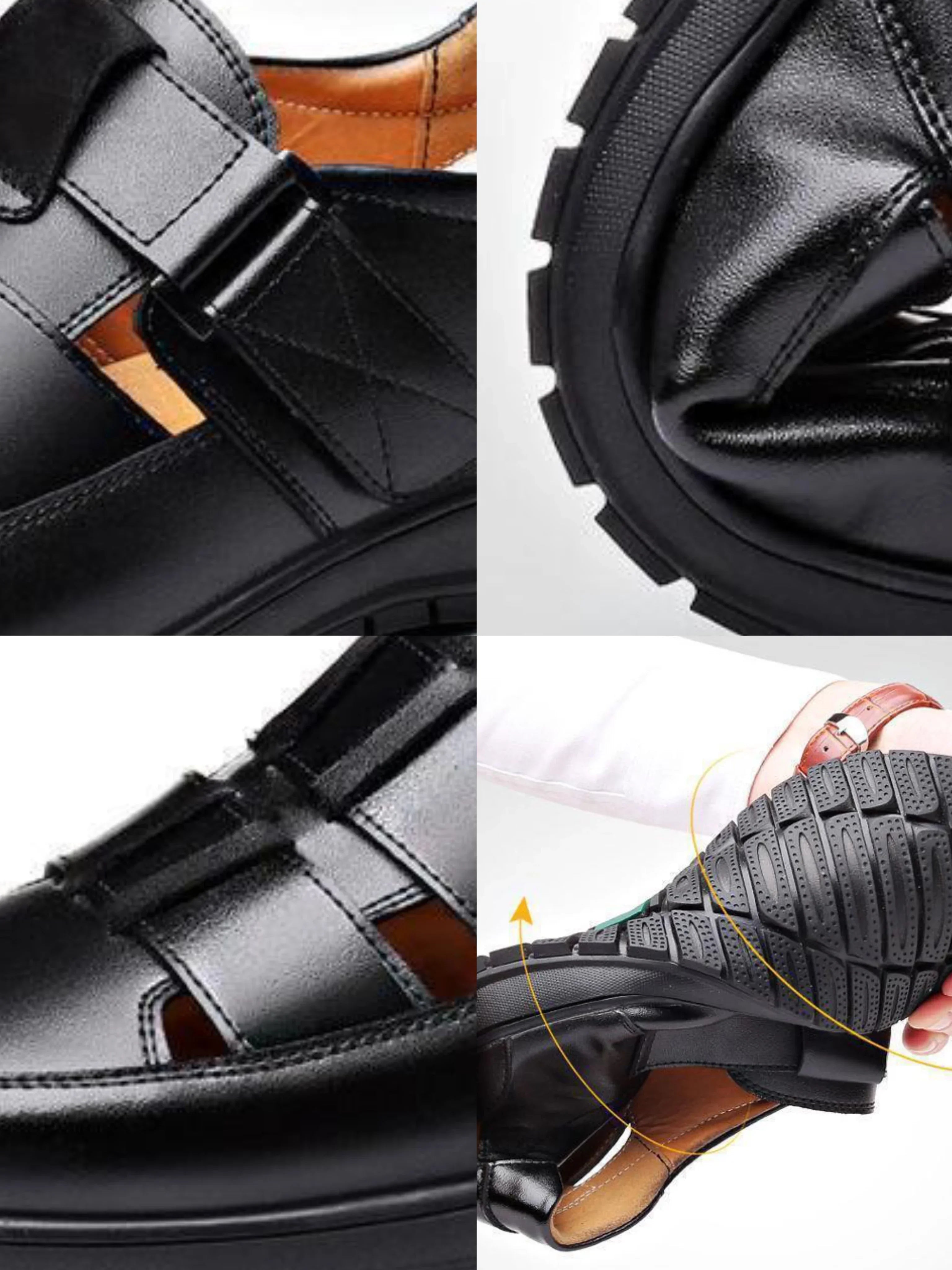 Summer New Men's Hollow up PU Leather Breathable Sandals Non-slip Flat Soft Bottom Handmade Trendy Design Shoes Men's Shoes - Clikcy
