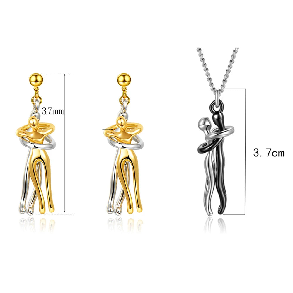 Seulement New 14K Gold Plated Embrace Pendant Couple Necklace for Women Two-tone Hug Earrings Valentine's Day Jewelry Gift - Clikcy