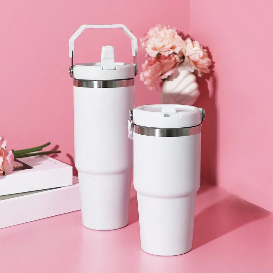 1pc Vacuum Tumbler with Lid Stainless Steel Portable Water Bottle with Dazzling Handle Insulated Tumbler Tote Handle 20/30OZ - Clikcy