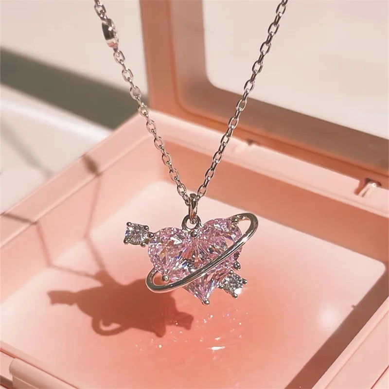 Y2K Pink Planet Heart Zircon Pendant Necklaces Women Fashion Aesthetic Clavicle Chain Necklace Valentines Day Gift Party Jewelry - Clikcy