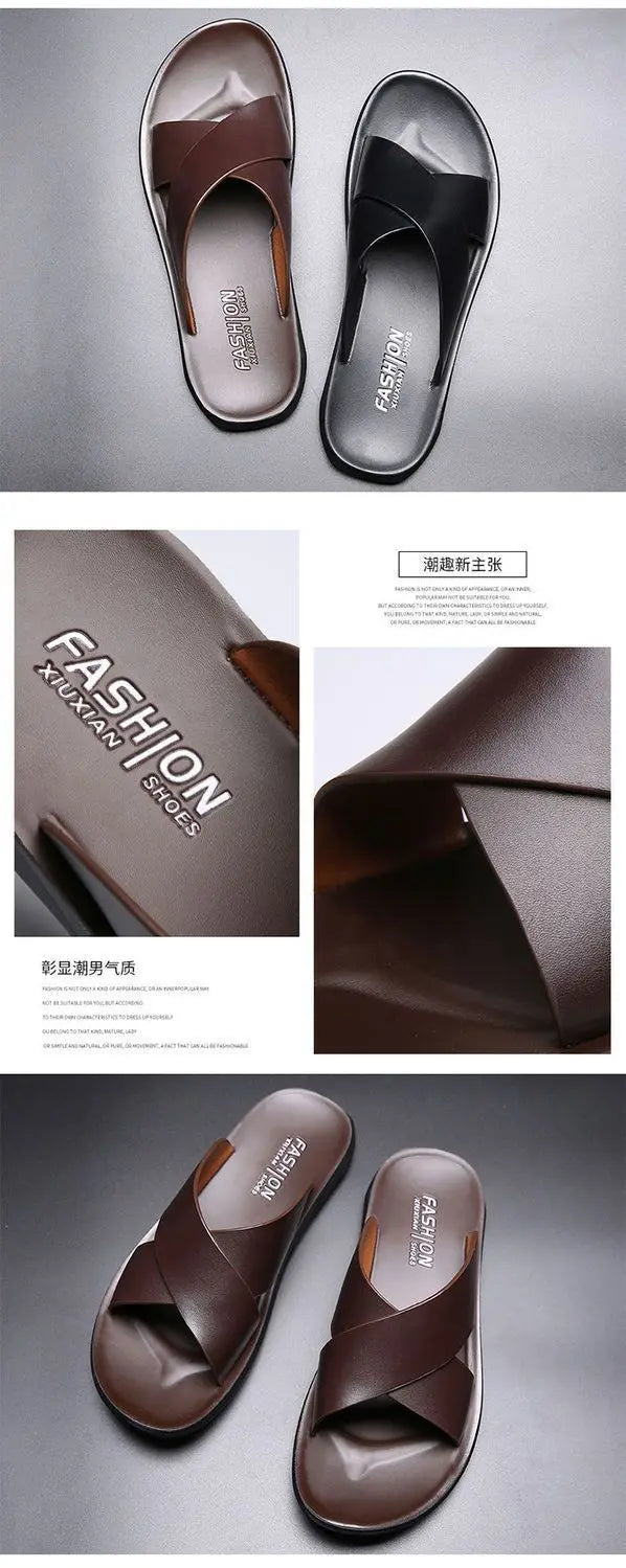 Slippers Men's Cross-Strap Slippers Flat Home Men Slippers Comfortable Soft Sole Leather Casual Shoes Bathroom Slipper Pantuflas - Clikcy