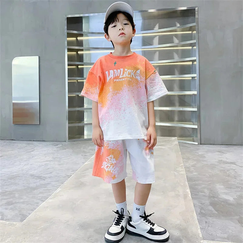 Boys Clothes Sets Teenager Summer Short-sleeved Suit New children's Gradient T-shirt+shorts 2Pcs Outfits Kids Casual Sports Set - Clikcy