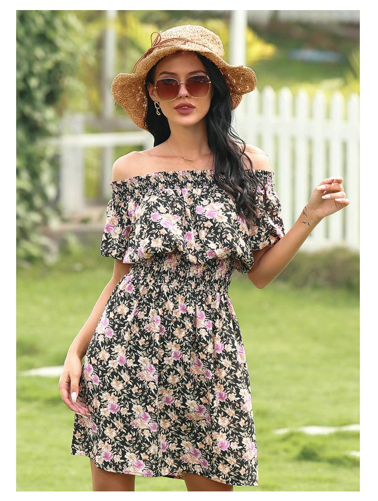 2025 Spring and Summer New Women's Random Printed Pullover Dress One Collar Midi Dress Beach Seaside Holiday - Clikcy