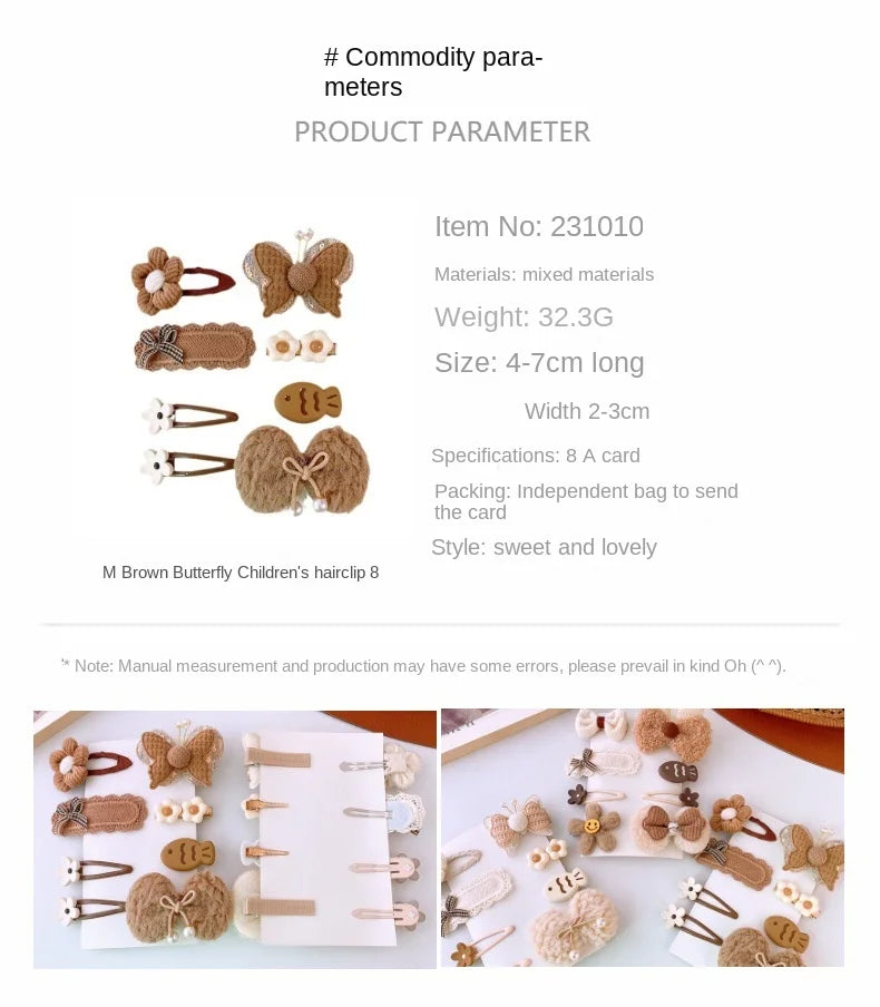 8pcs/set Sweet Girl Hair Clip Cartoon Bear Floral Bowknot Hair Pin for Toddler Girls Lovely Beige Coffee Color Kid baby Headwear - Clikcy