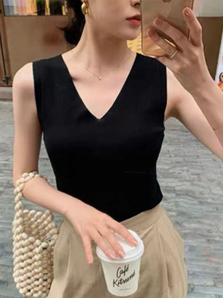 AOSSVIAO 2025 Summer Women Knitted Tank Tops Women Thin Tops Basic Casual Tank Tops V-neck Tees Sleeveless Tops For Women - Clikcy