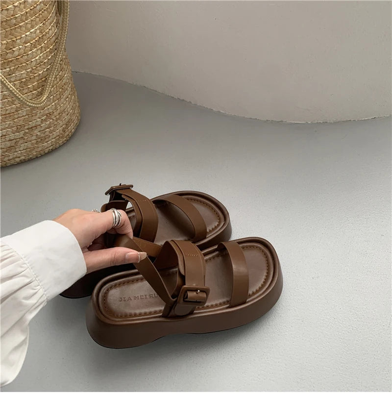 2025 New Gladiator Summer Sandals Fashion Platform Flats Elegant Open Toe Ankle Strap Dress Shoes - Clikcy