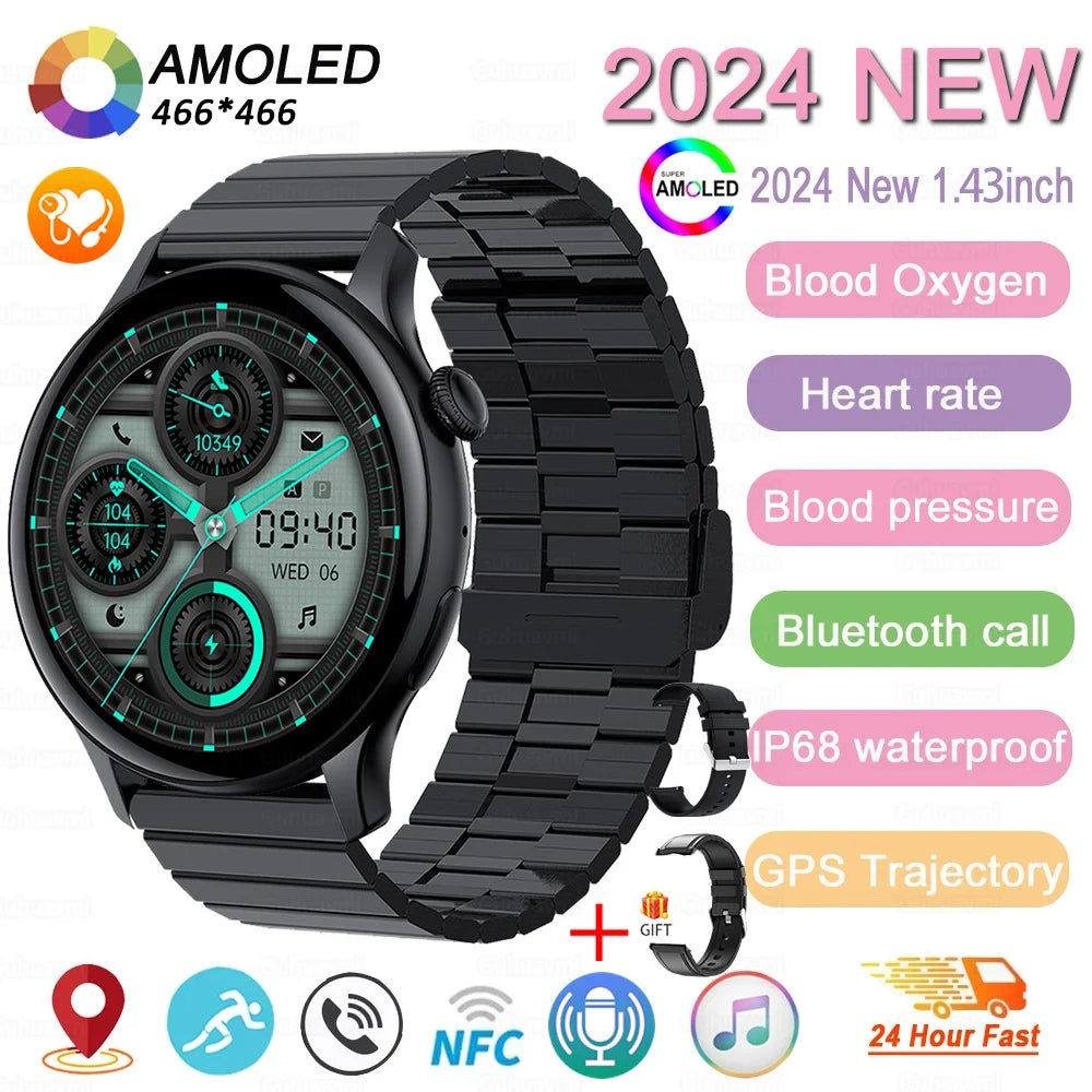 2024 New GPS Smart Watch Women True AMOLED 466*466 HD Screen Health Tracker Sports NFC Voice Bluetooth Call Smartwatches Ladies