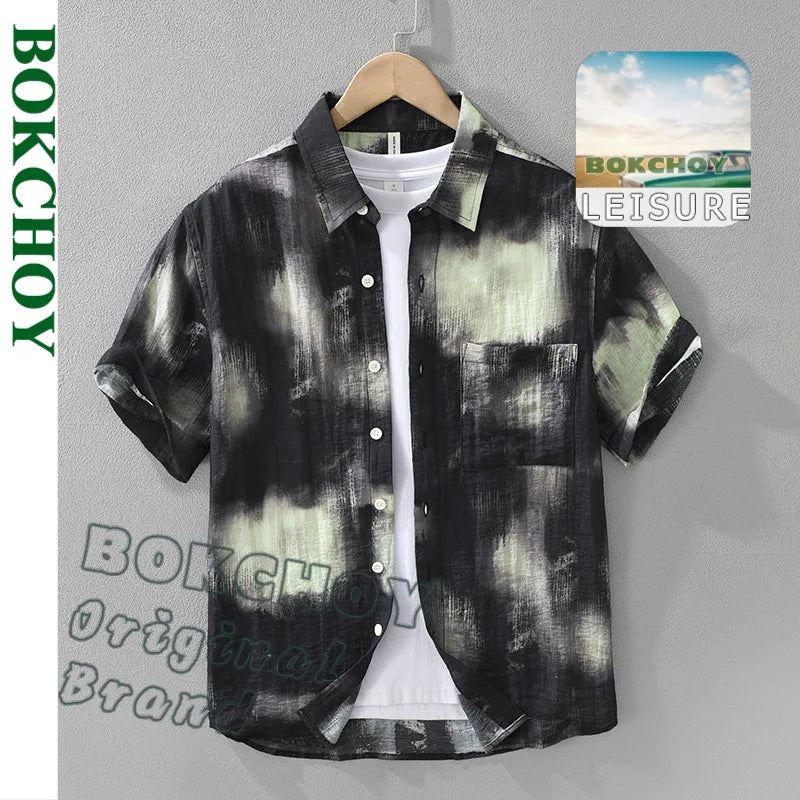 2025 Spring Summer New Vintage Tie-dye Printed Short Sleeve Shirts for Men Clothing Turn-down Collar Male Shirts CM8136 - Clikcy
