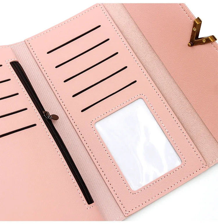 New Korean version women's wallet long V-shaped buckle three fold wallet for women, hand-held bag, change card bag - Clikcy