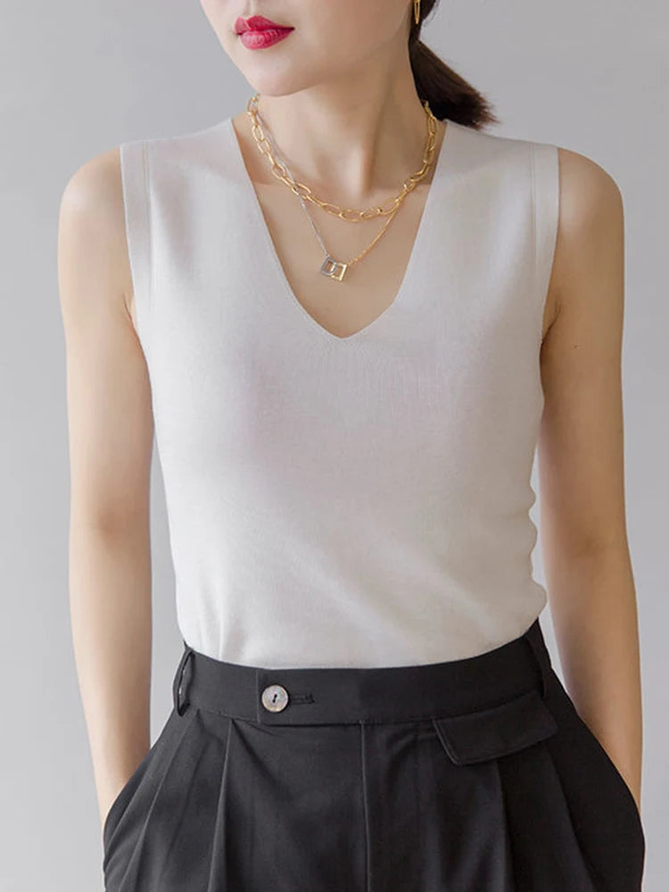 AOSSVIAO 2025 Summer Women Knitted Tank Tops Women Thin Tops Basic Casual Tank Tops V-neck Tees Sleeveless Tops For Women - Clikcy