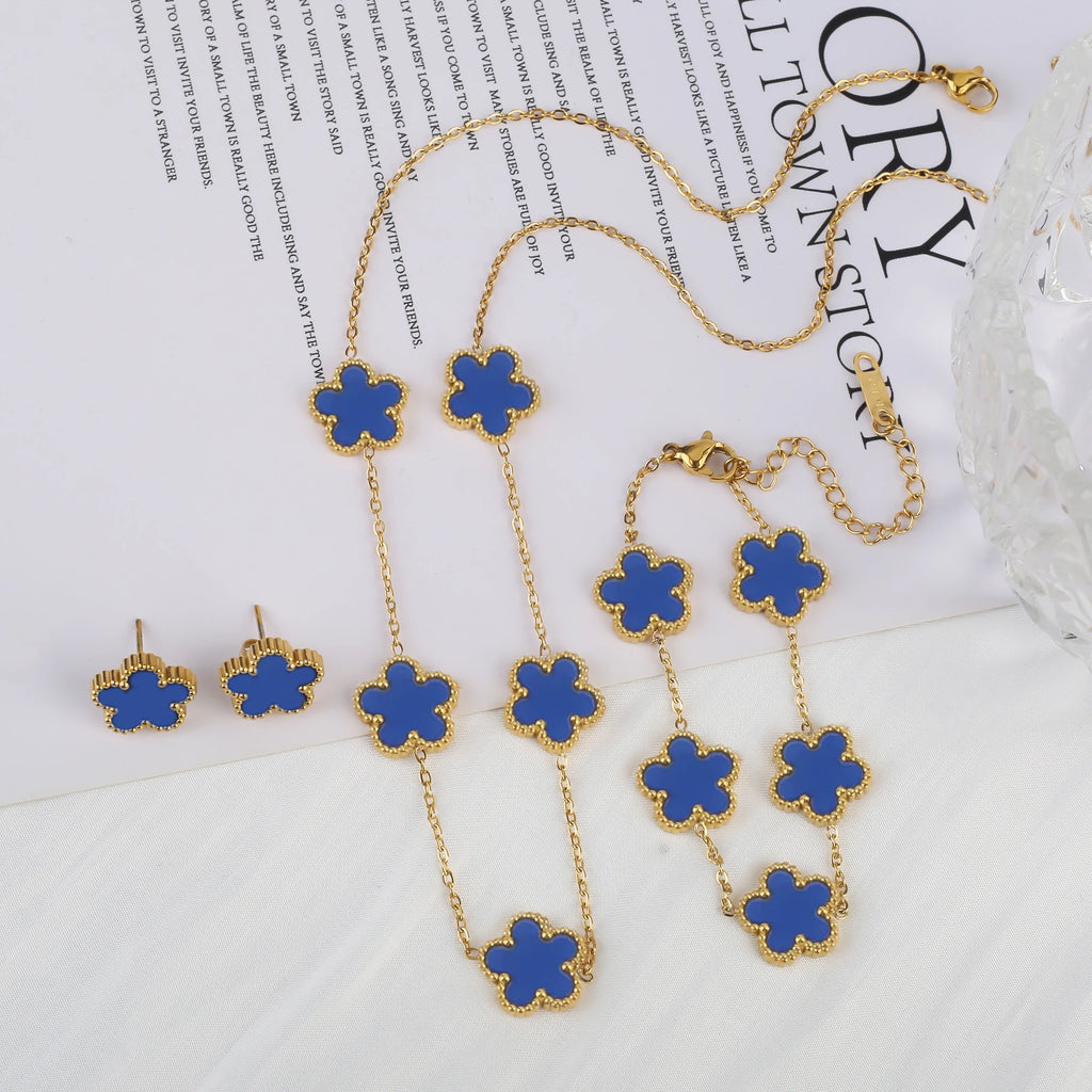 3Pcs 18k Gold-Plated Five-Leaf Flower Necklace Earrings Bracelet Jewelry Set For Woman Fashion Party Jewelry Daily Wear Clover - Clikcy