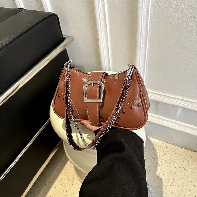 Vintage Rivet Women's Shoulder Bags Solid Color Ladies Underarm Bag Fashion Chain Small Handbags PU Leather Female Tote Purse - Clikcy