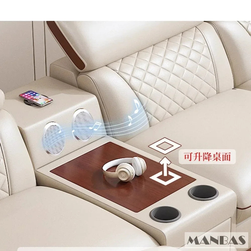 MINGDIBAO Premium Italian Genuine Leather Sofa Set for Living Room with Adjustable Headrests, Bluetooth Speaker, Wireless Charge - Clikcy