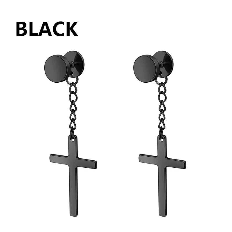 2pc Stainless Steel Men Cross Stars Punk Dangle Earrings Gothic Woman Cross Ear Hoop Earrings Huggies Pendant Piercing Jewelry - Clikcy