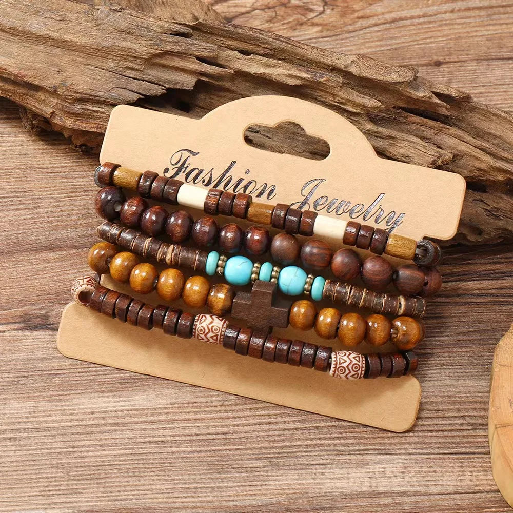 Cross Life Tree 5Pcs/set Vintage Bronze Ethnic Casual Wood Beads Feather Charm Leather Women Bracelets Men Male Jewelry - Clikcy
