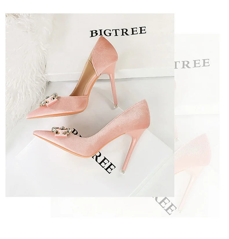 Fashion Women High Heel Rhinestone Buckle Bow Green Pink Pointed Toe Party Pumps Velvet Luxury Elegant Wedding Evening Shoes - Clikcy