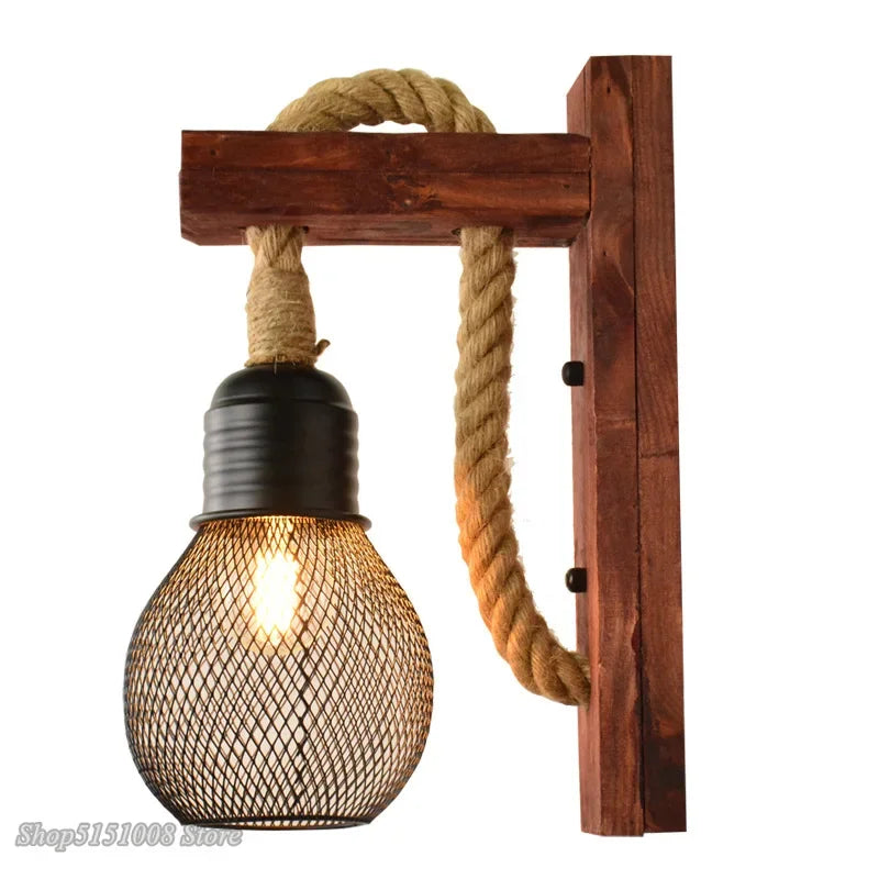Vintage Hemp Rope Wall Lamp with Plug Wood Wall Lamp E27 Indoor Loft Outdoor Corridor Wall Lights Industrial Sconce Bedside Lamp - Clikcy