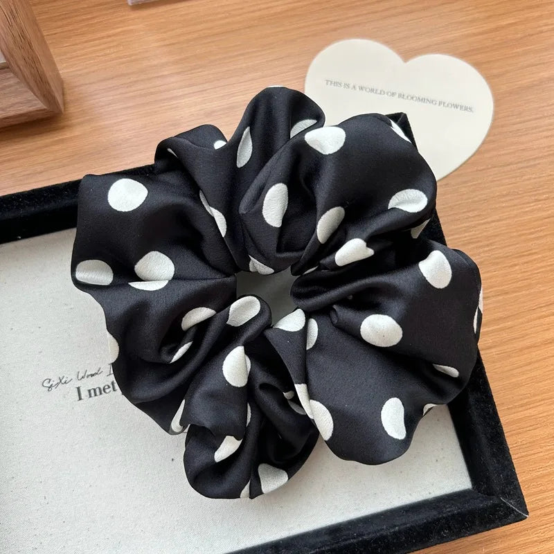 Korea Fashion Dot Satin Scrunchies For Women White big Hair Bands Elastic Silk Hair Tie Girls Black ponytail holder hair rope - Clikcy