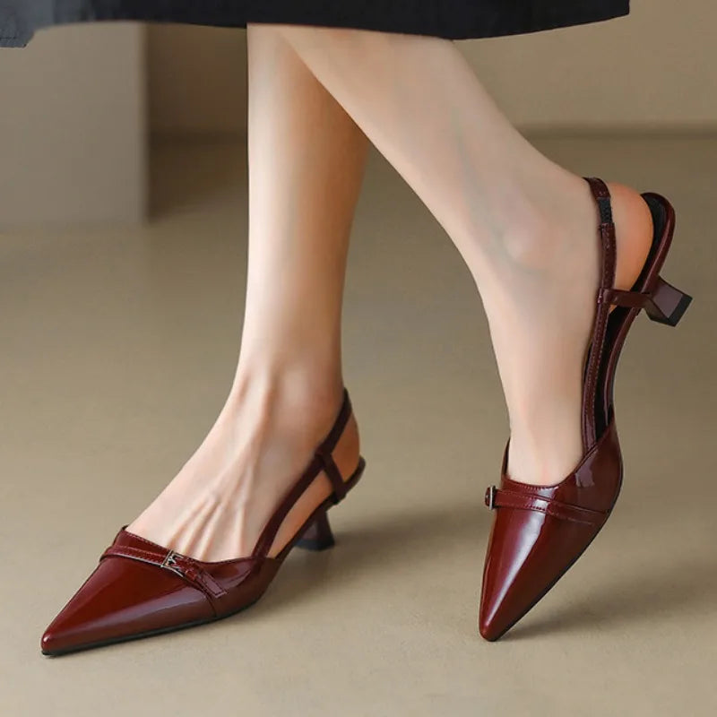2024 New Summer Women's Dress Shoes Patent Leather Slip on Pointed Toe Sandals Buckle Slingbacks Mid Heels Pumps Sandalias Mujer - Clikcy