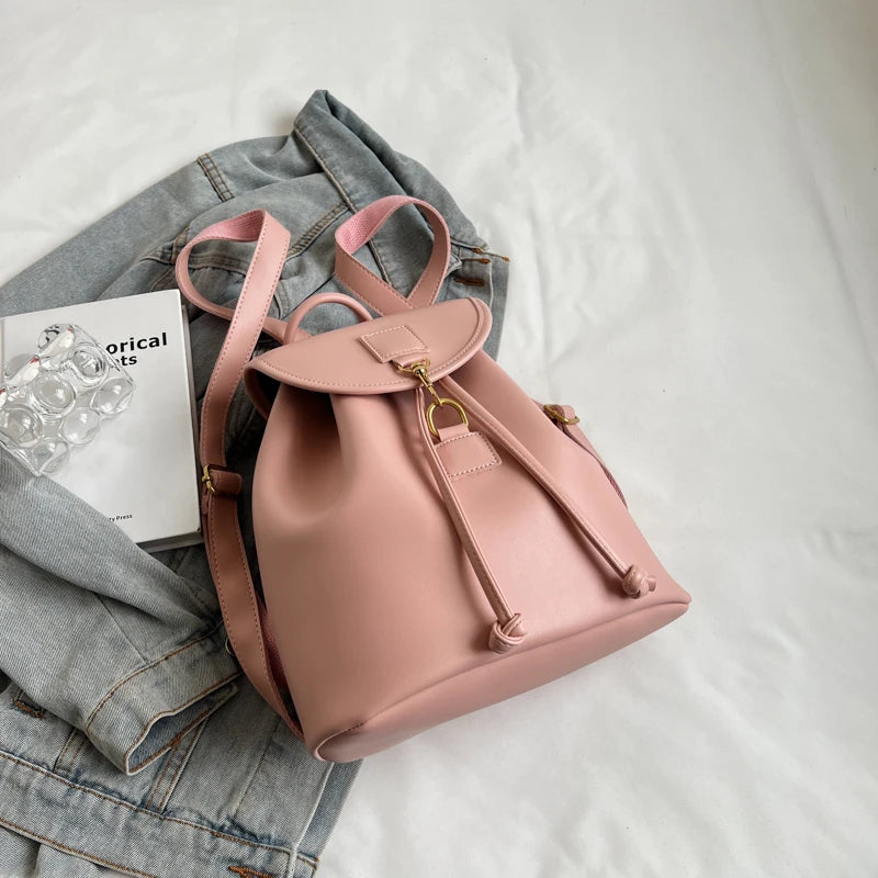 Genuine PU Leather Backpack Female Large Capacity Casual School Bag Solid Drawstring Travel Shoulder Bag Korean Fashion Backpack - Clikcy