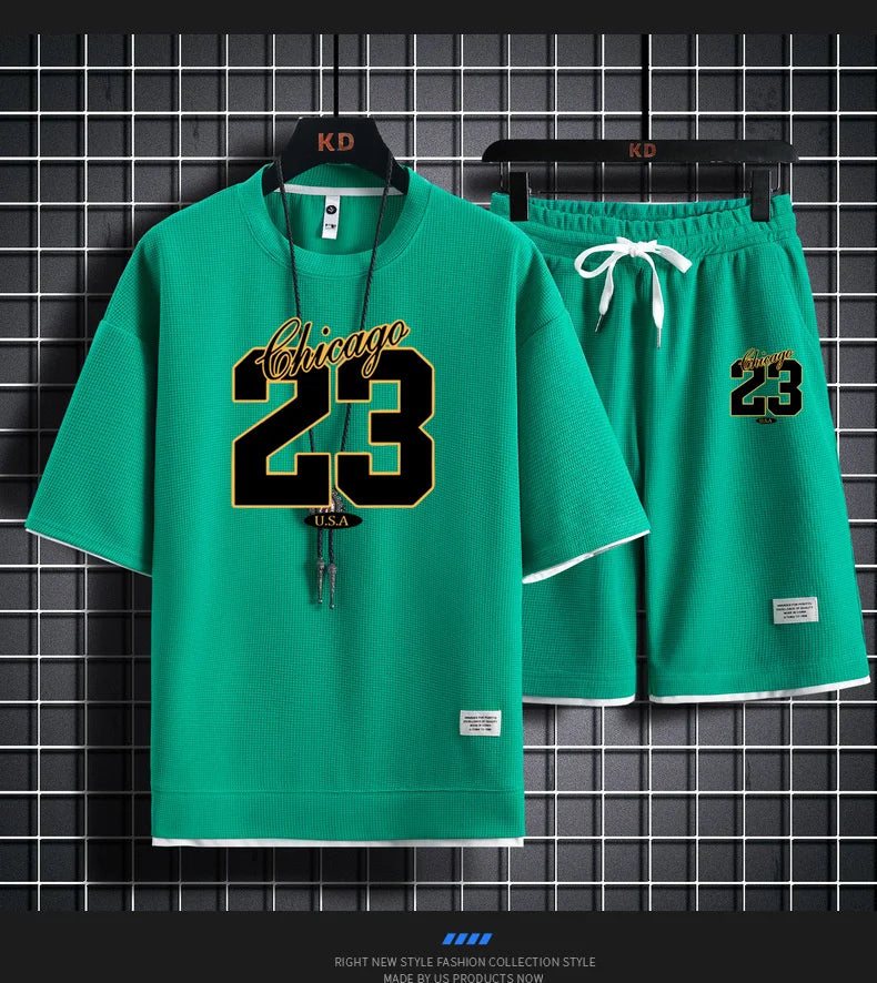 High Quality Men's Korea Comfortable and Summer  Fashion Print Sports Suit Fitness Jogging Daily Casual Wear Beach Shorts Set - Clikcy