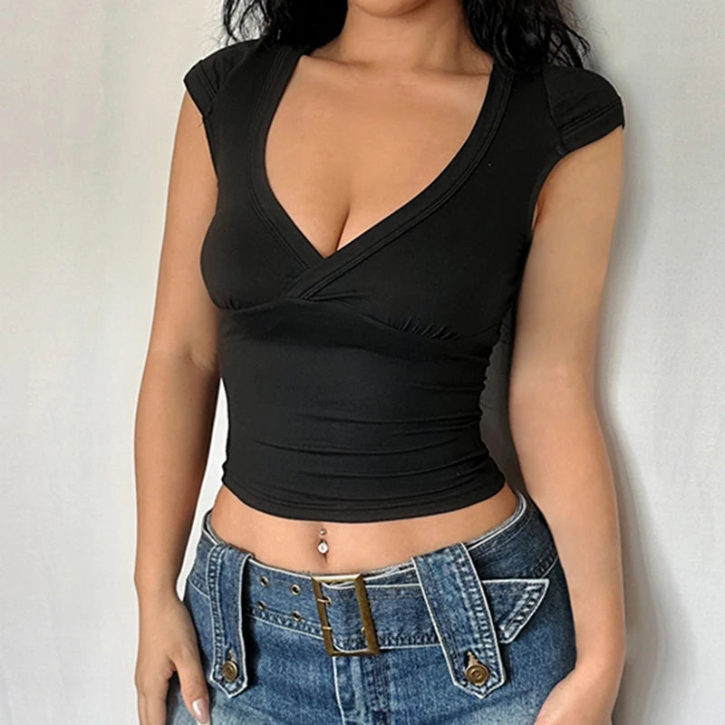 CIBBAR Sexy Deep V Neck Crop Top Women Basic Solid Tee Shirts 2024 Summer New Fashion T-shirts Vintage Clubwear Ladies Clothing - Clikcy