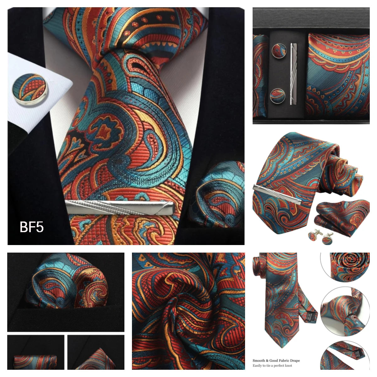 100% Silk Necktie Paisley Floral Mens Tie Top Quality Business Tie Pocket Square Tie Clip Cufflinks Set Classic For Men Gift Box - Clikcy