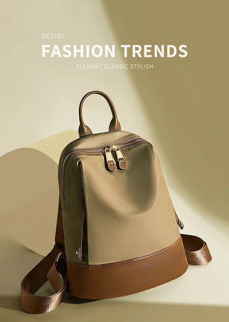 Marino Orlan Cow Leather Backpack for Women 2025 New Fashion Spring&Summer Waterproof Nylon Cloth Travel Student School Bag - Clikcy