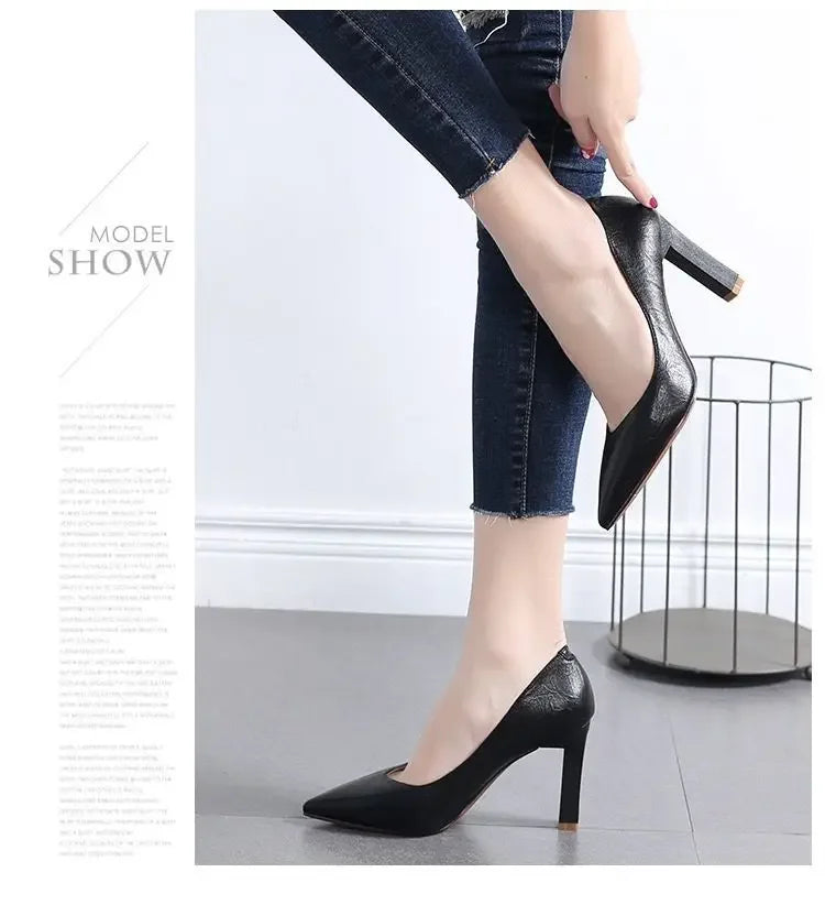 Women's Fashion High Heels 2025 New Style Versatile Thick Heel Pointed Toe Low Cut Shoes Comfortable PU Leather Casual Shoes - Clikcy