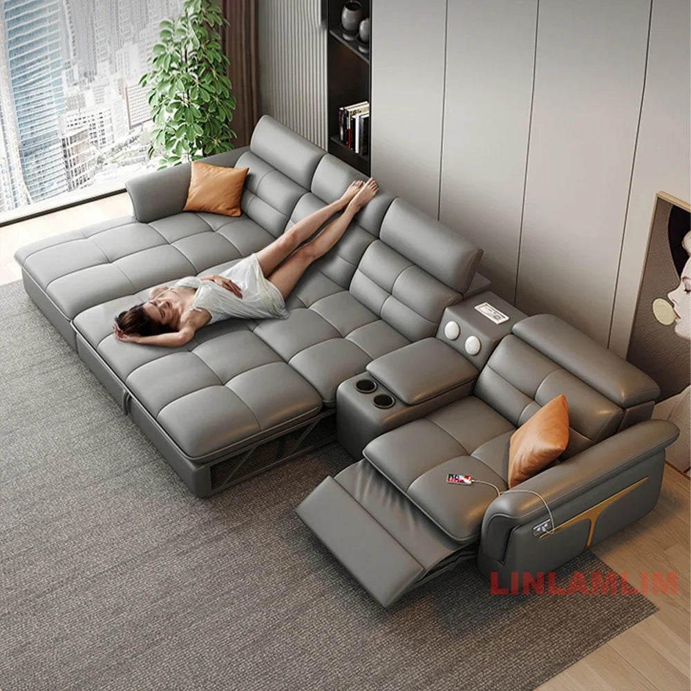 Modern Electric Recliner Sofa Bed with Adjustable Backrest, L-Shaped Multifunctional Italian Genuine Leather Sectional Couch - Clikcy