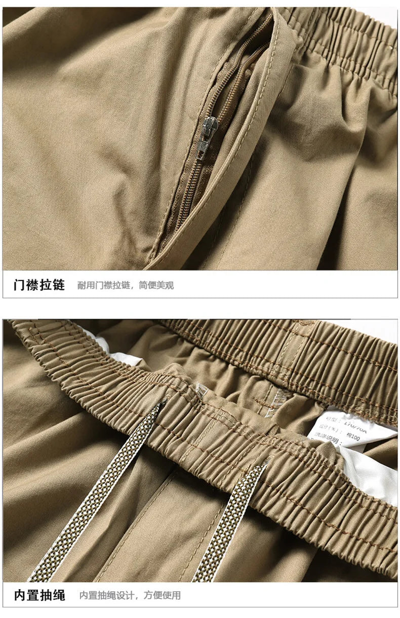 100% Cotton Men's Cargo Pants Straight Fit Loose Work Trouser Male Spring Summer High Waist Big Size Large Plus Elastic Pocket - Clikcy